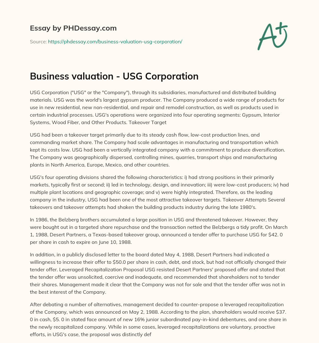 Business valuation – USG Corporation essay
