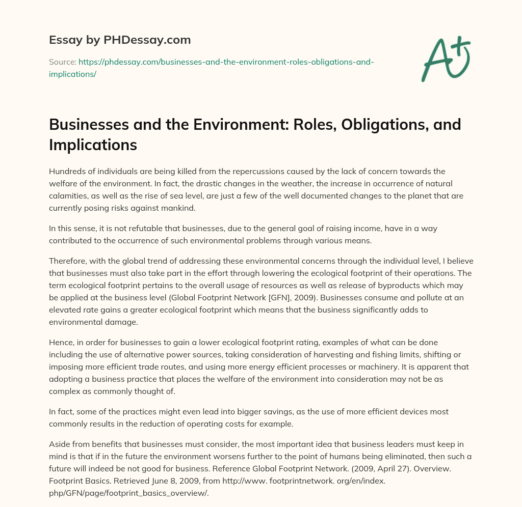 Businesses and the Environment: Roles, Obligations, and Implications essay