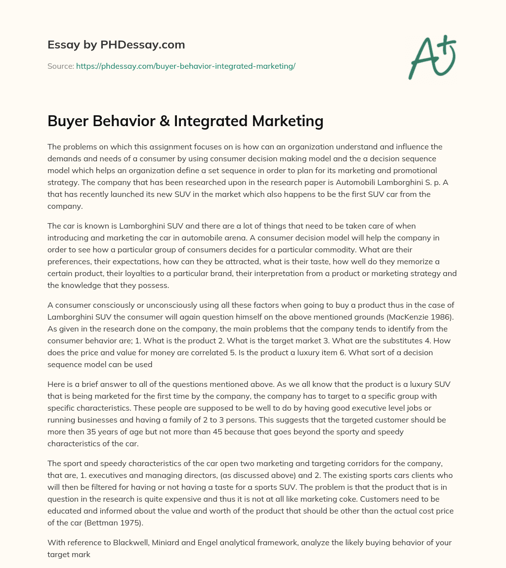 Buyer Behavior & Integrated Marketing essay