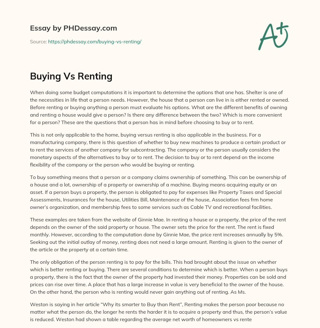 Buying Vs Renting essay