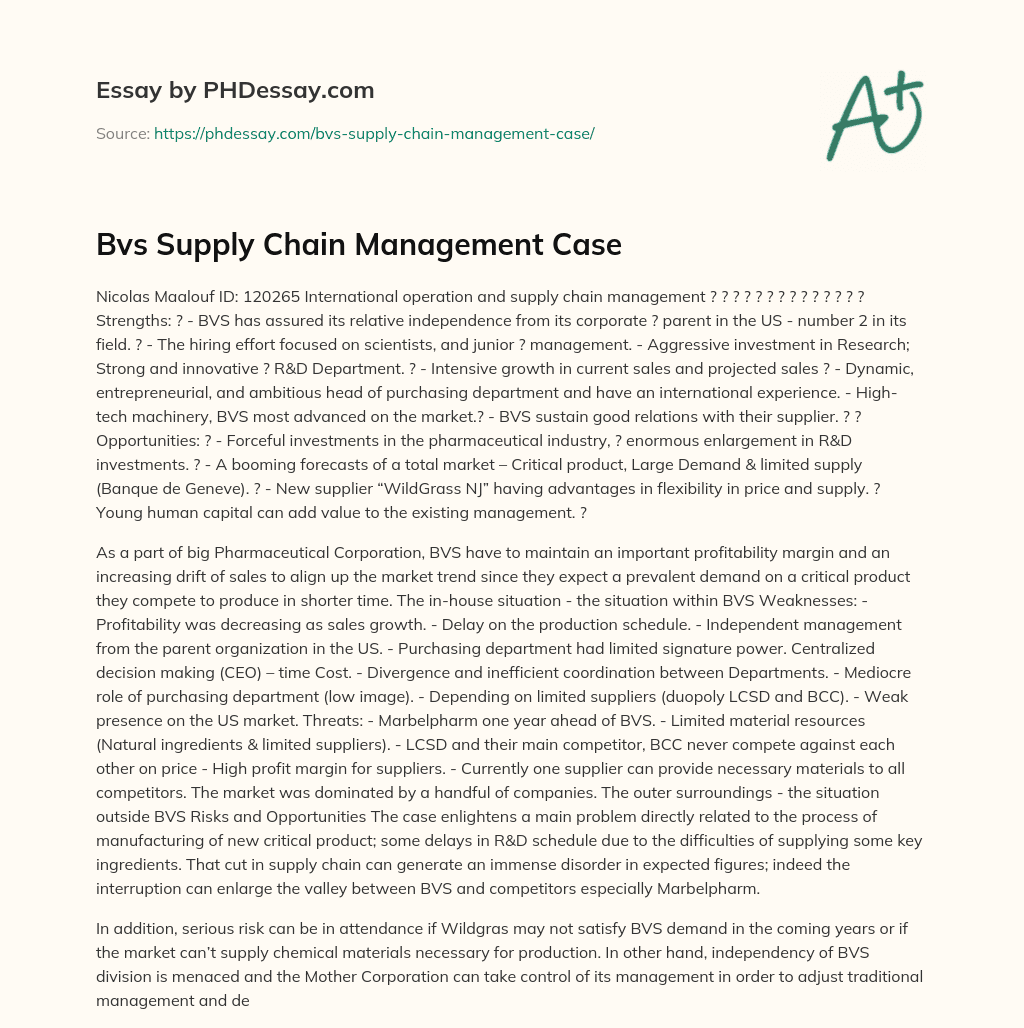 Bvs Supply Chain Management Case essay