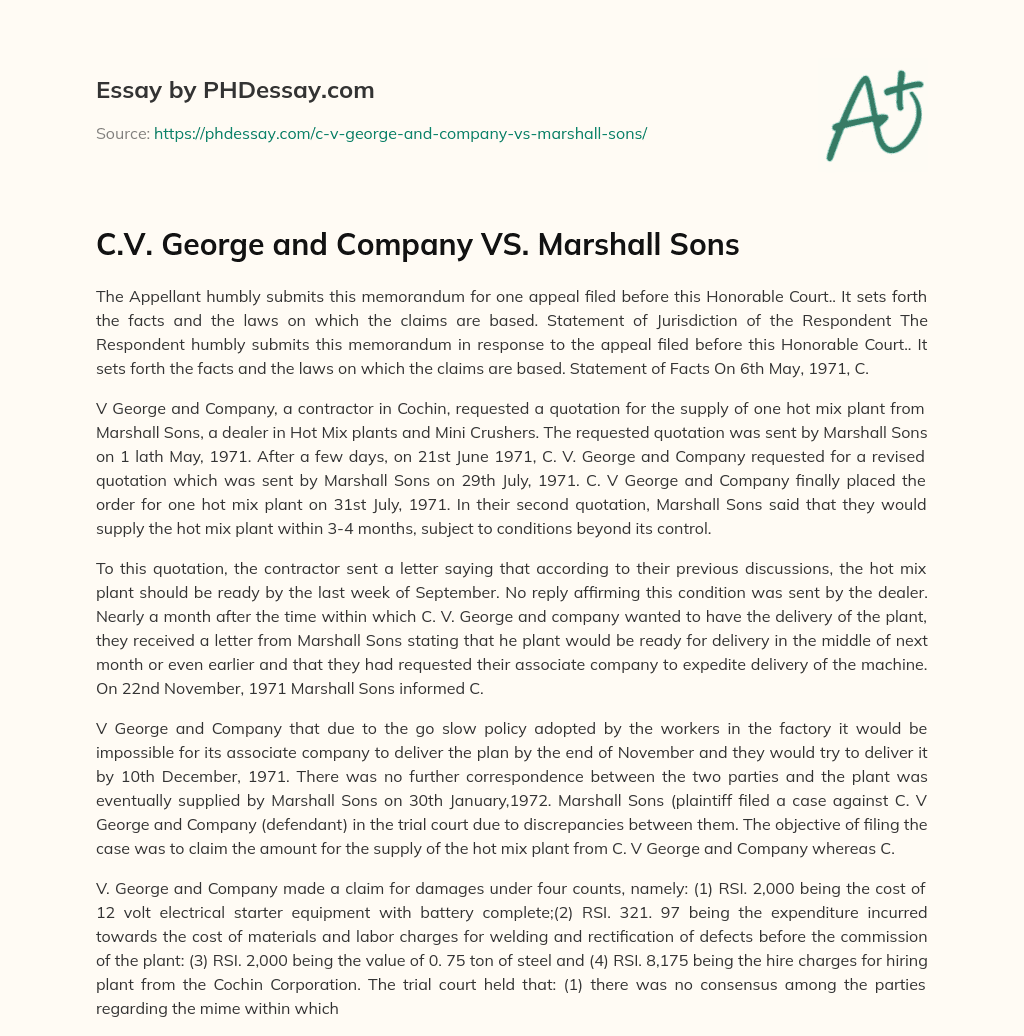C.V. George and Company  VS. Marshall Sons essay