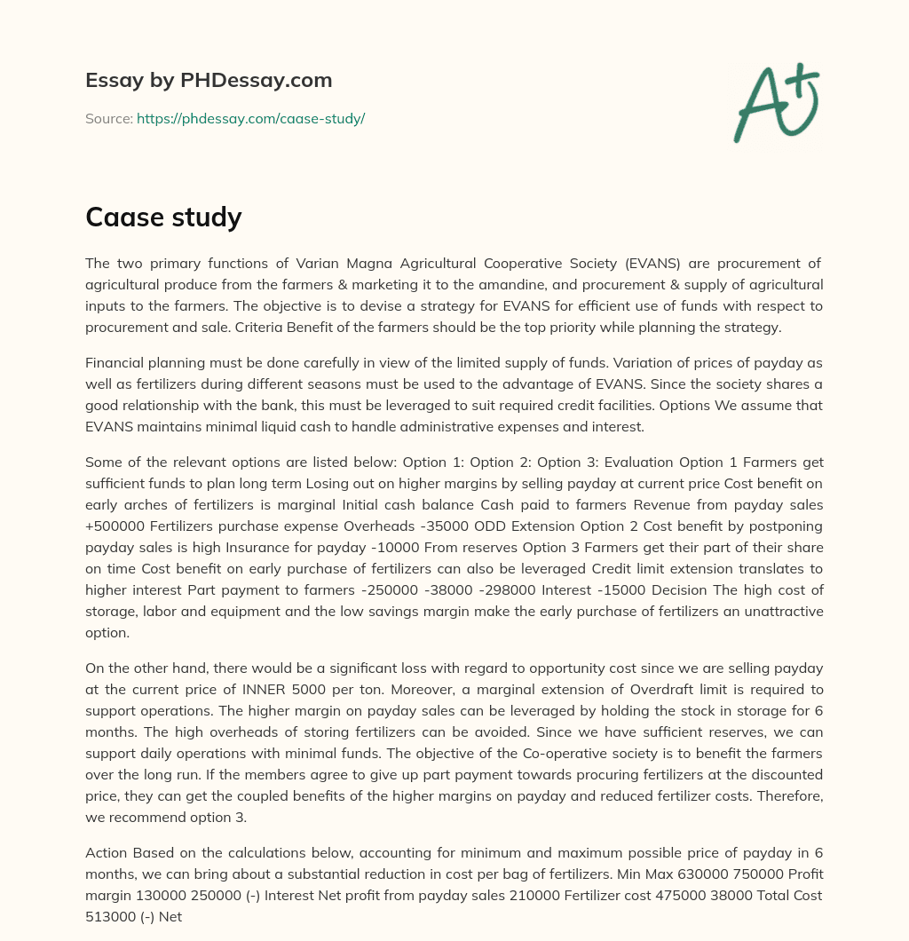 Efficient procurement and sale strategy for Varian Magna Agricultural Cooperative Society (EVANS) with focus on farmer benefits and financial planning essay