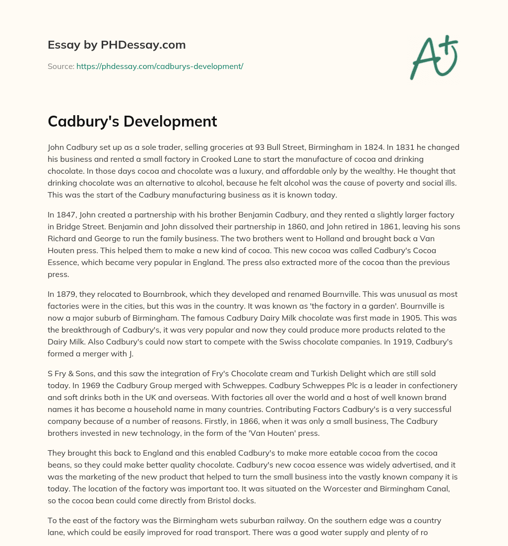 Cadbury’s Development essay