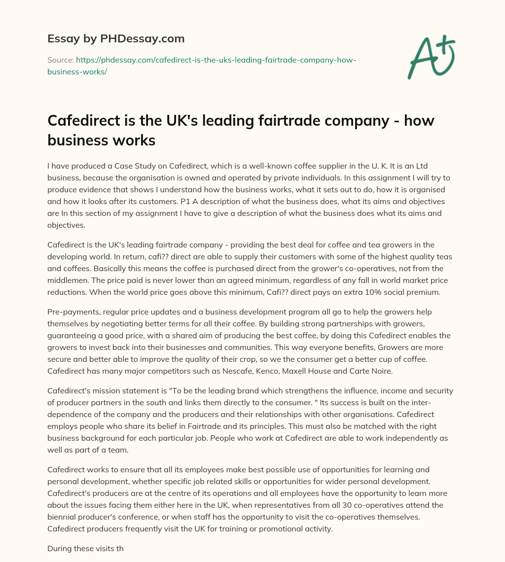 Cafedirect is the UK’s leading fairtrade company – how business works essay