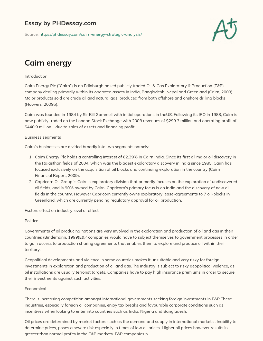 Cairn energy essay