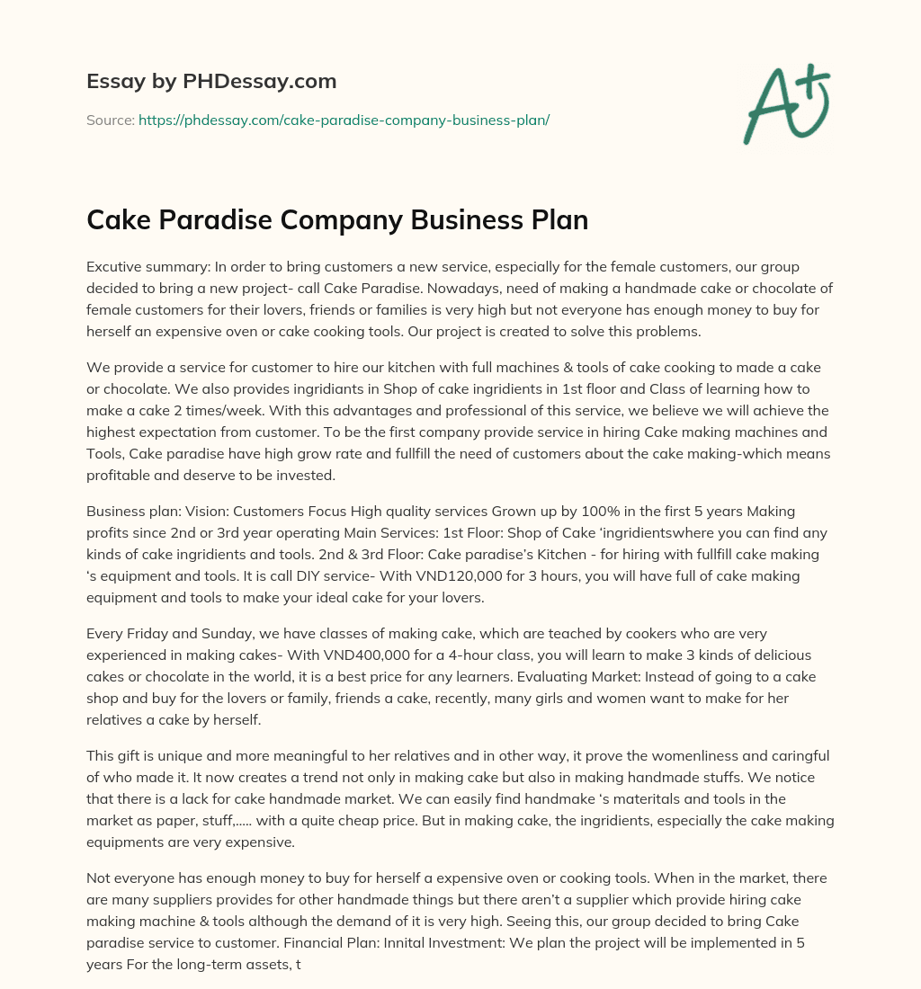 Cake Paradise Company Business Plan essay