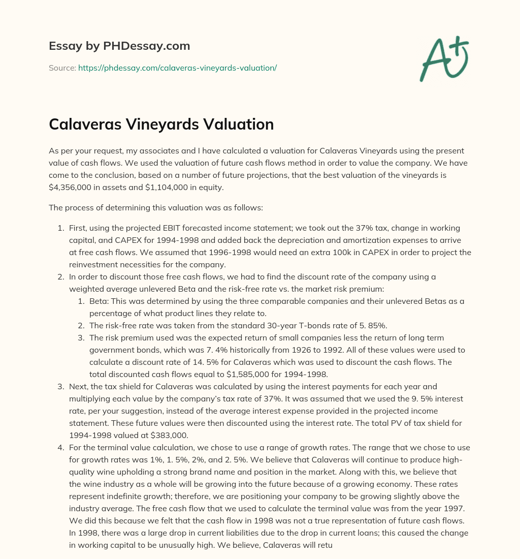 Calaveras Vineyards Valuation essay