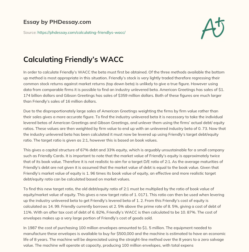 Calculating Friendly’s WACC essay