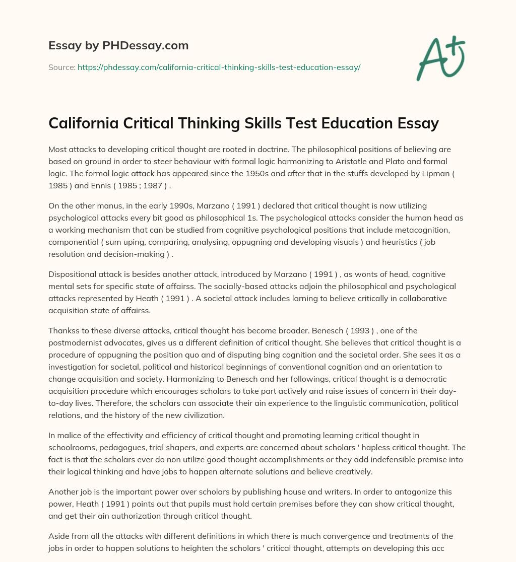 Critical Thinking Skills Test Critical Thinking Skills Test