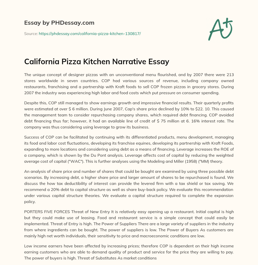 California Pizza Kitchen Narrative Essay essay
