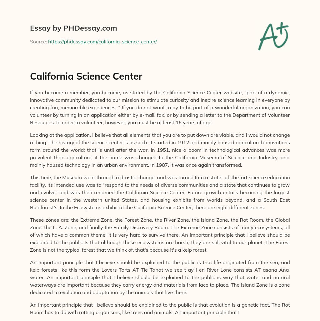 California Science Center essay