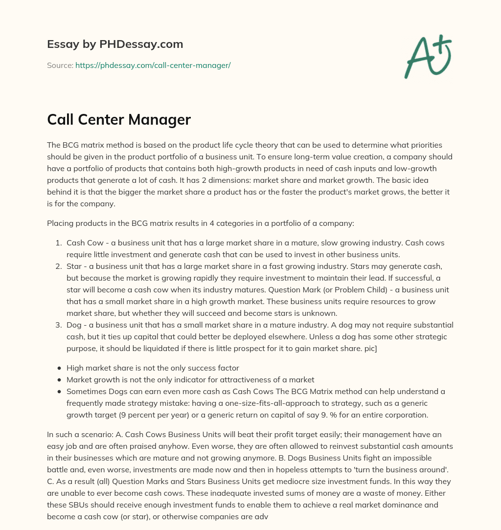 Call Center Manager essay