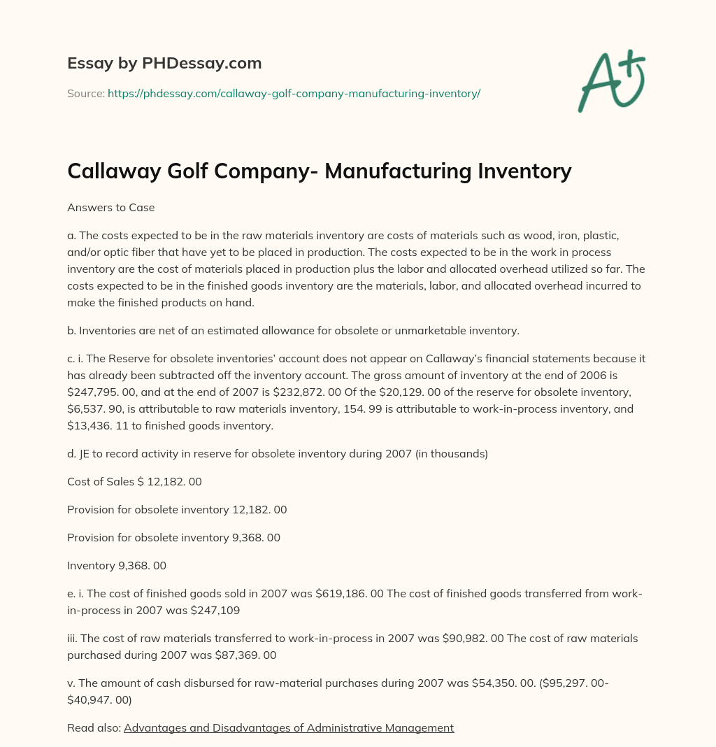 Callaway Golf Company- Manufacturing Inventory essay