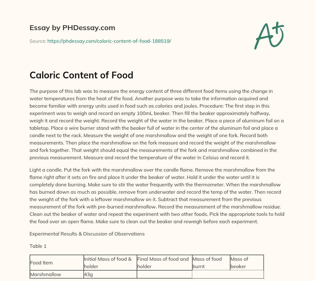 Caloric Content of Food essay