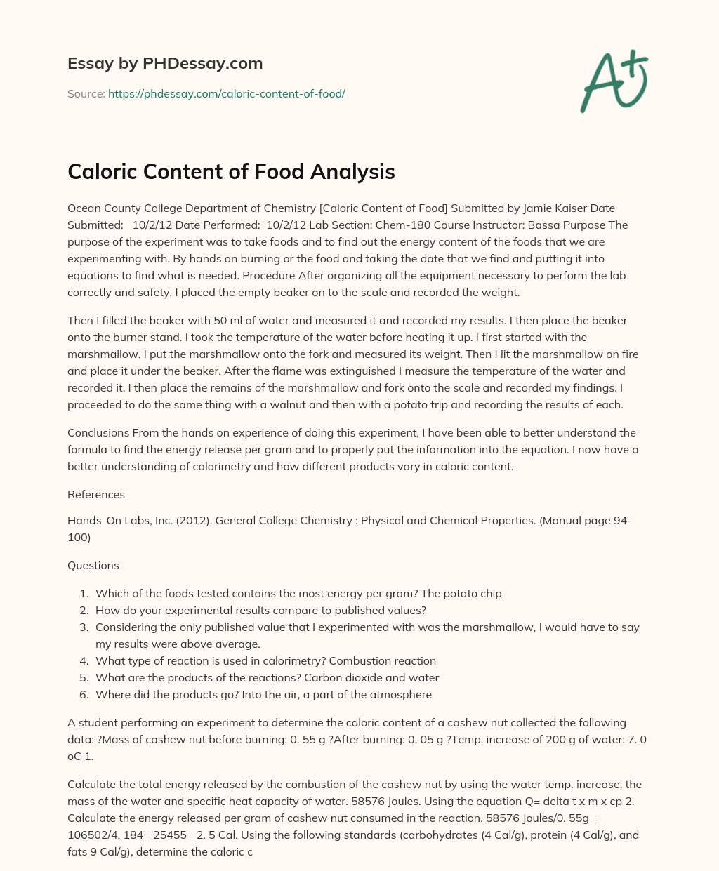Caloric Content of Food Analysis essay