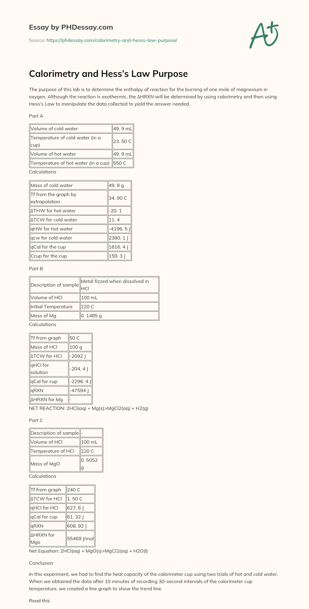 Calorimetry and Hess’s Law Purpose (500 Words)
