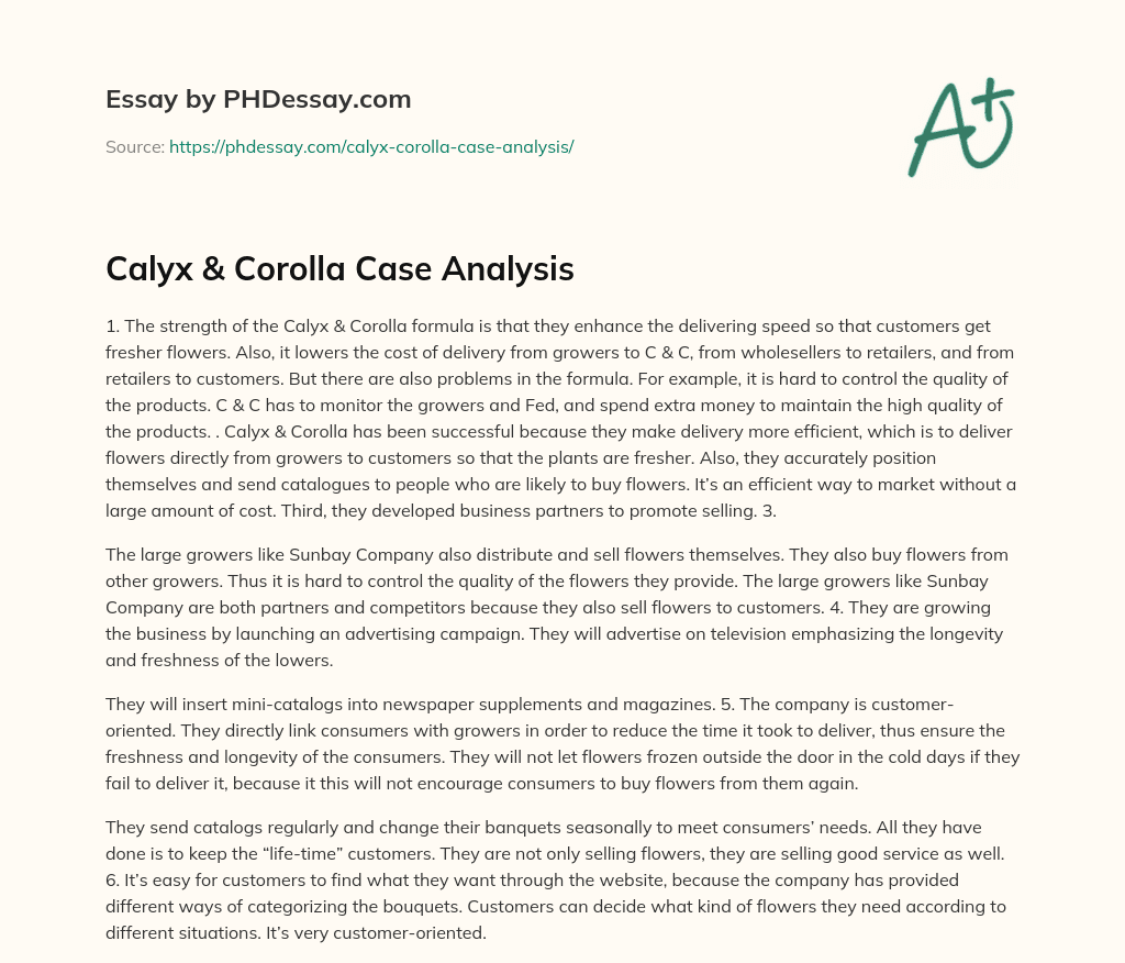 Calyx & Corolla Case Analysis Case Study Example (400 Words)