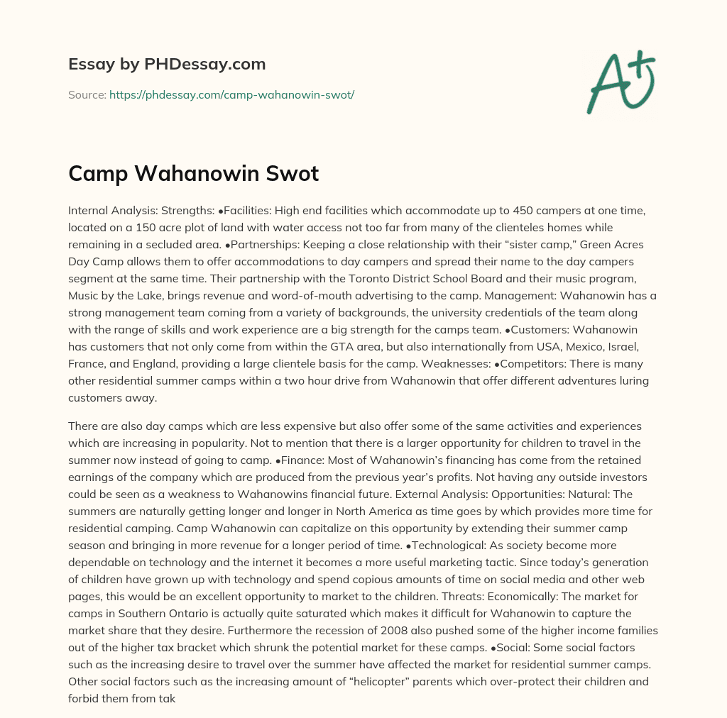 Camp Wahanowin Swot essay