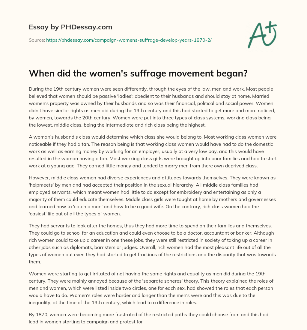 When did the women’s suffrage movement began? essay