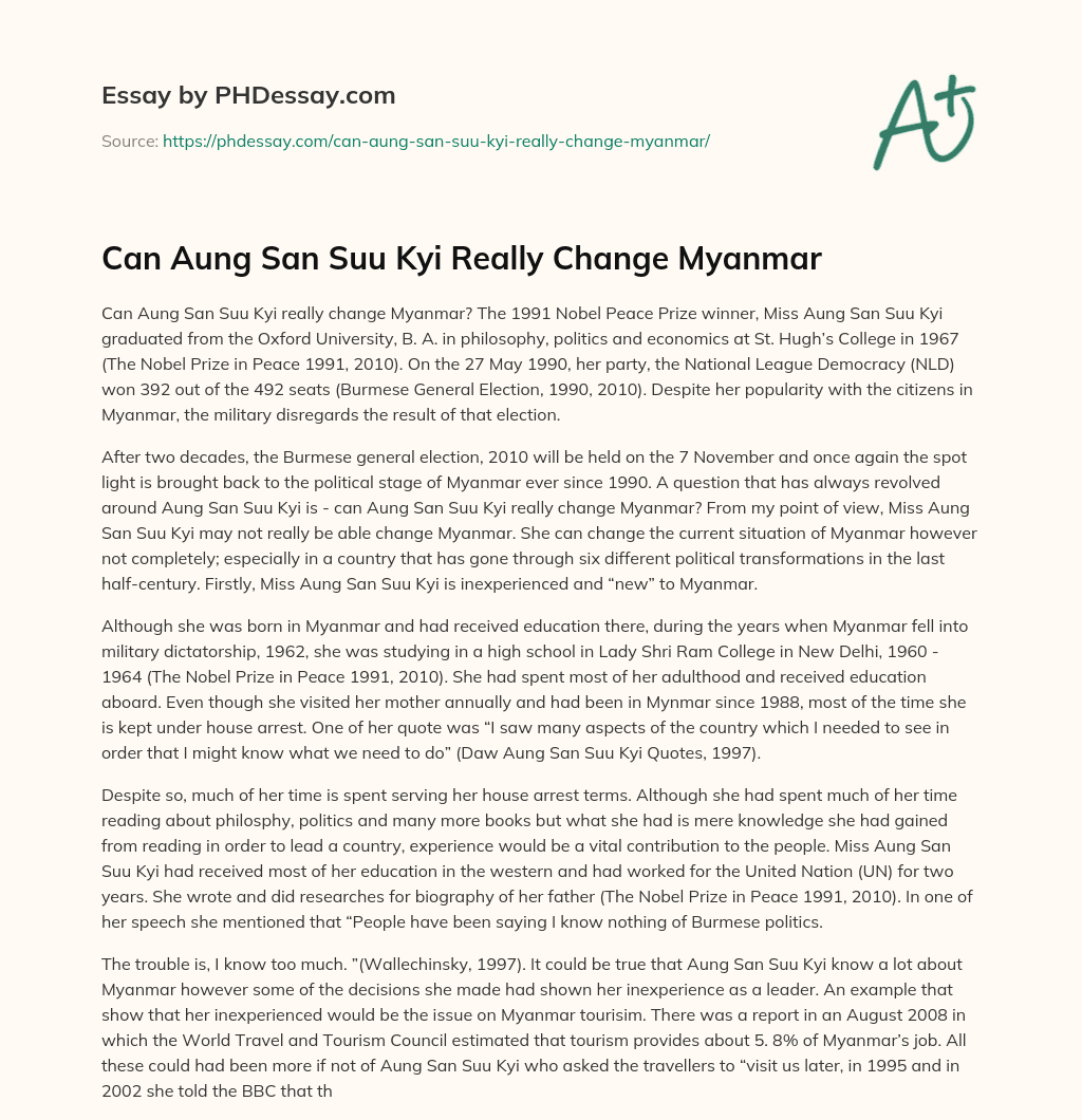 Can Aung San Suu Kyi Really Change Myanmar essay