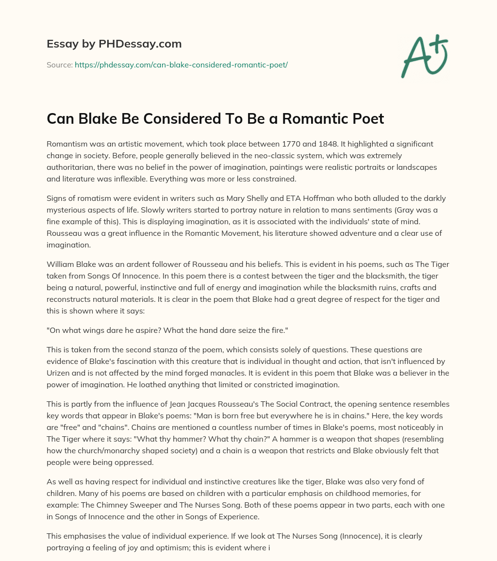 Can Blake Be Considered To Be a Romantic Poet essay