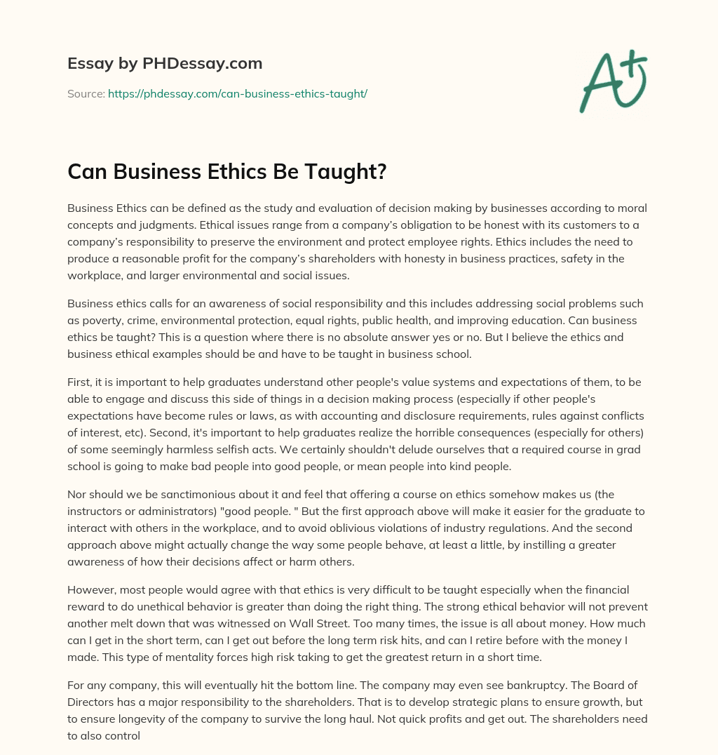 Can Business Ethics Be Taught? essay