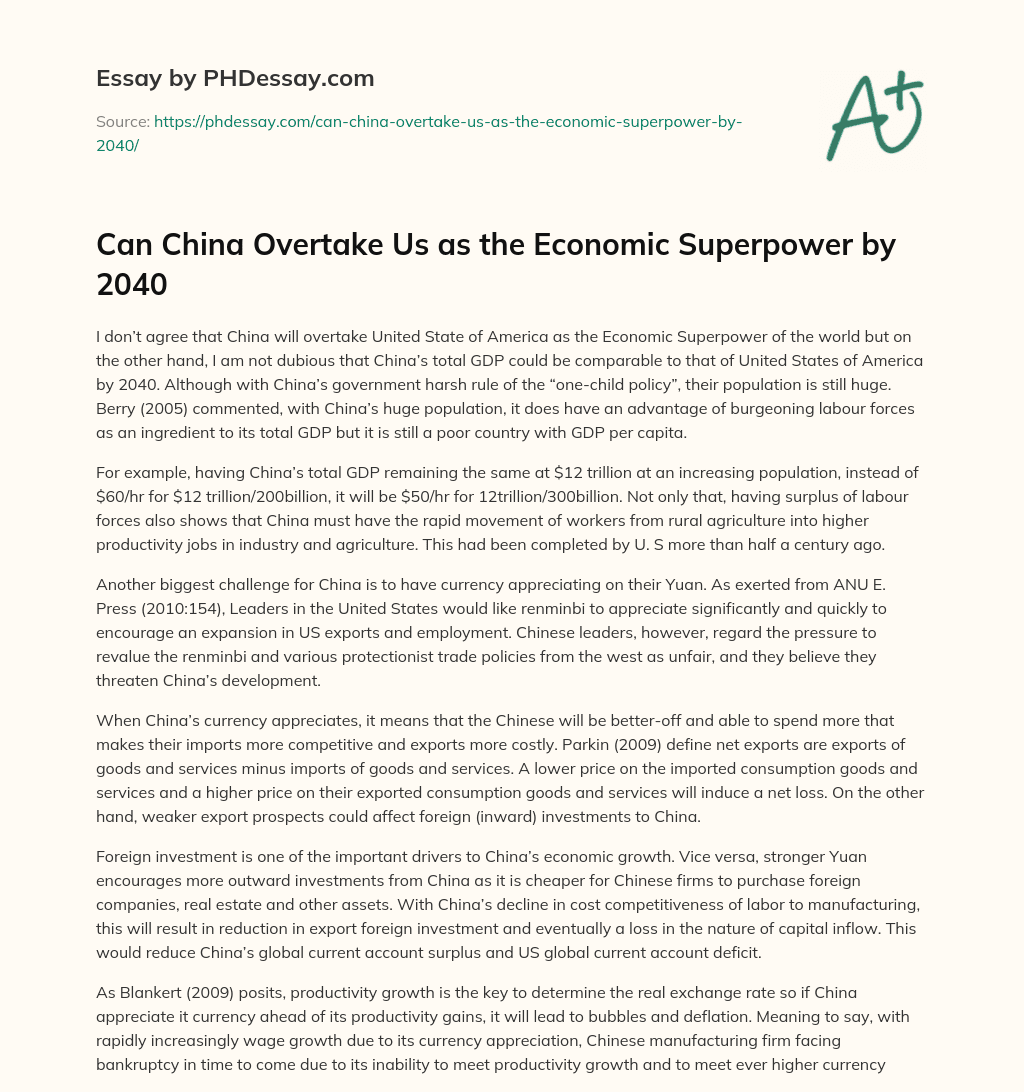 Can China Overtake Us as the Economic Superpower by 2040 essay