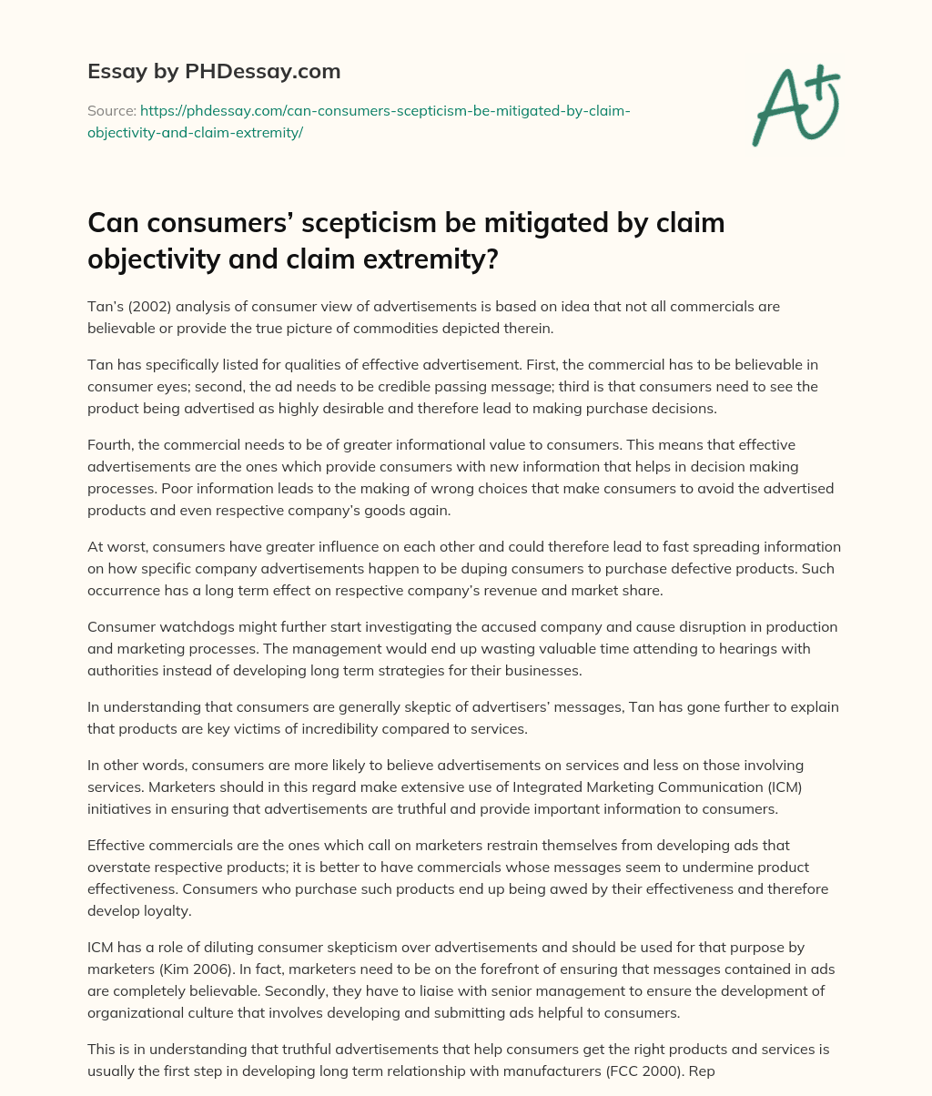 Can consumers’ scepticism be mitigated by claim objectivity and claim extremity? essay