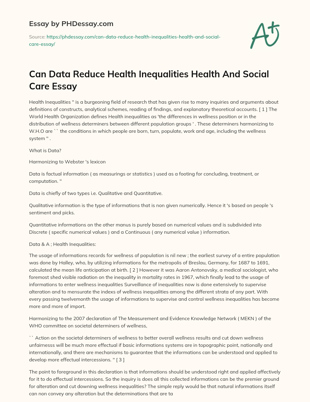 Can Data Reduce Health Inequalities Health And Social Care Essay essay