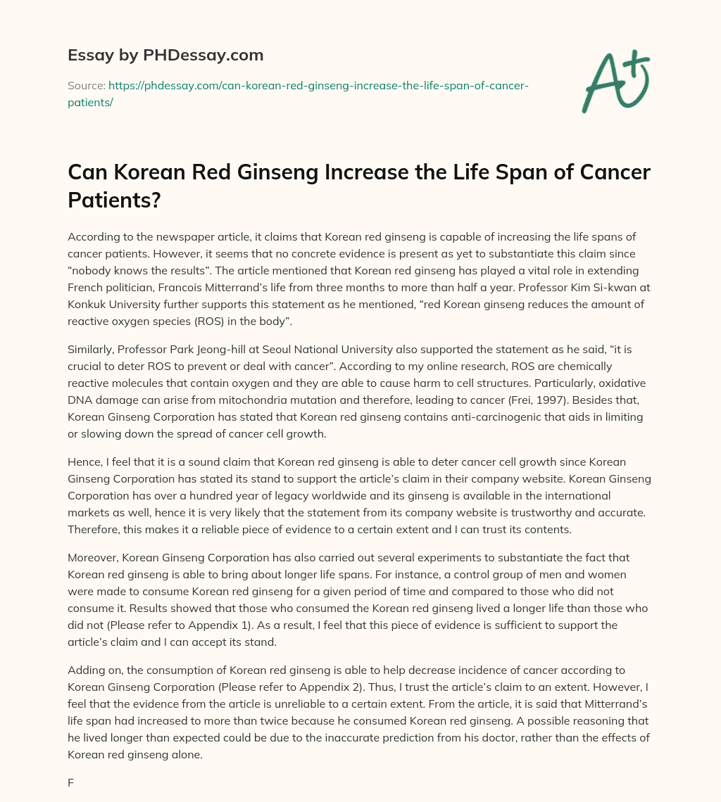 Can Korean Red Ginseng Increase the Life Span of Cancer Patients? essay