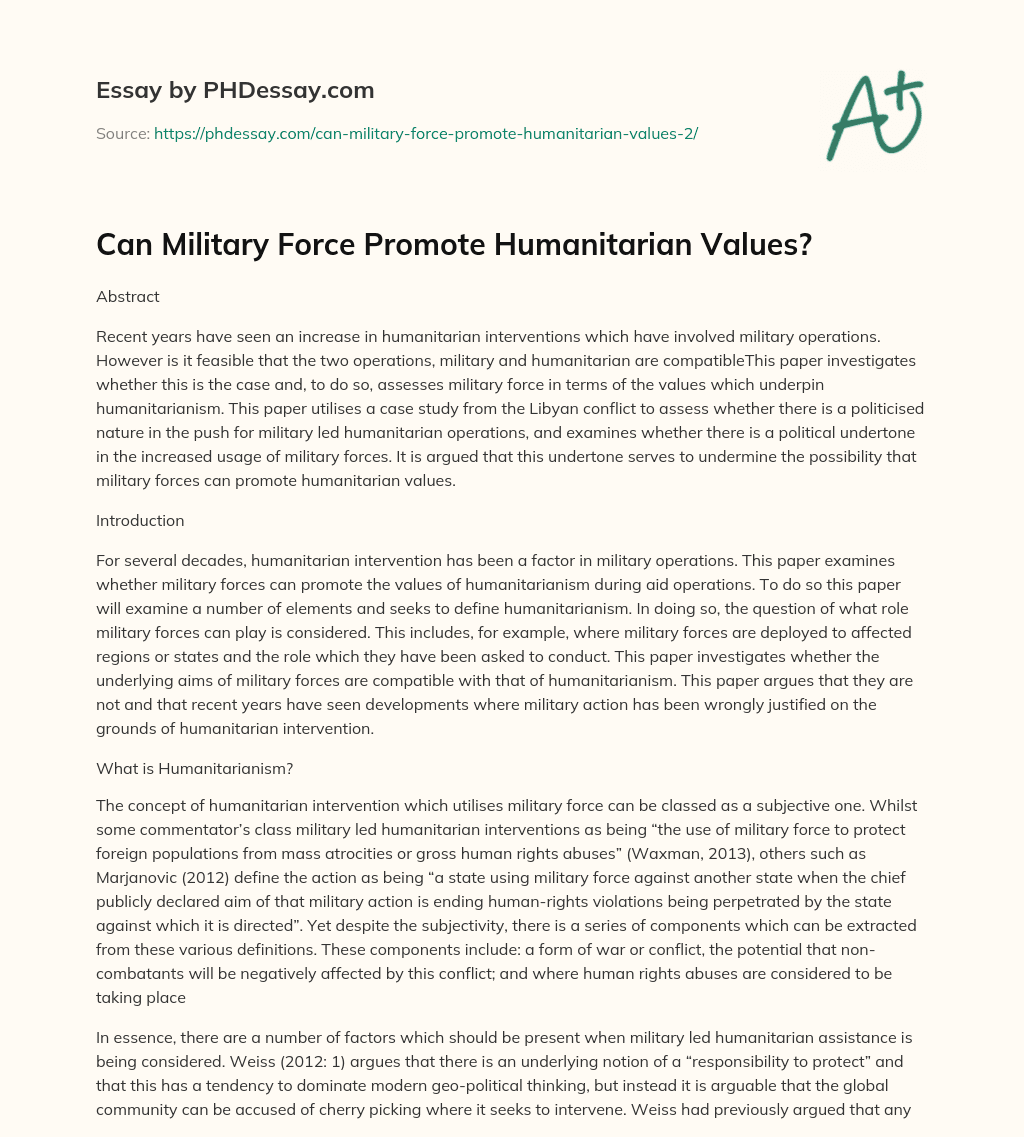 Can Military Force Promote Humanitarian Values? essay