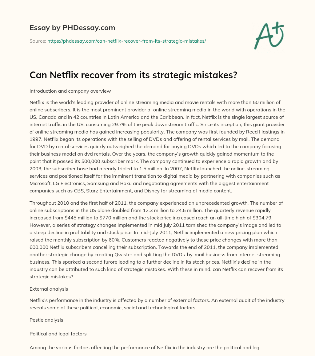 Can Netflix recover from its strategic mistakes? essay