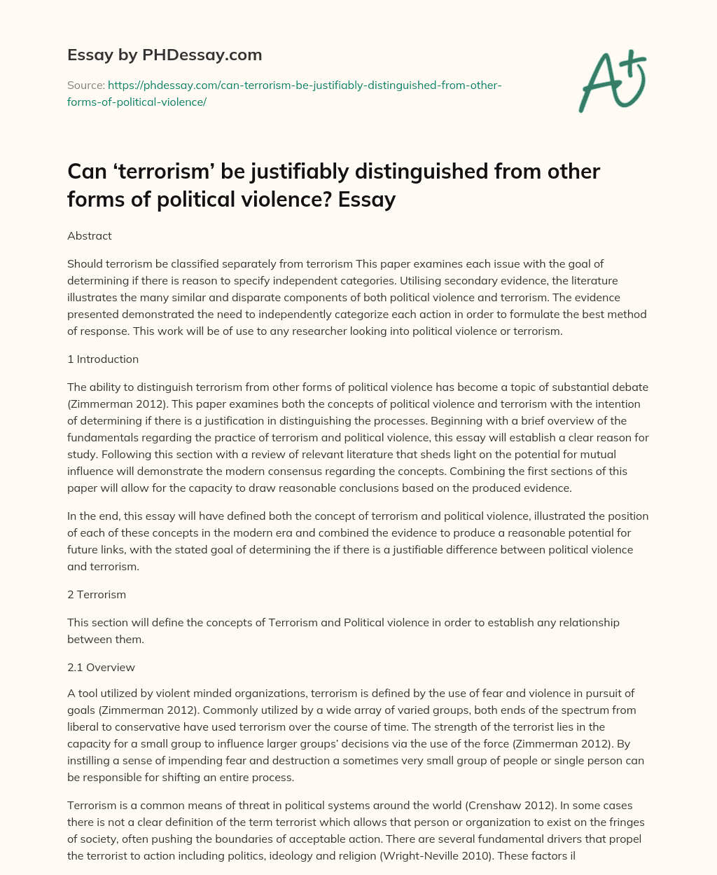 Can ‘terrorism’ be justifiably distinguished from other forms of political violence? Essay essay