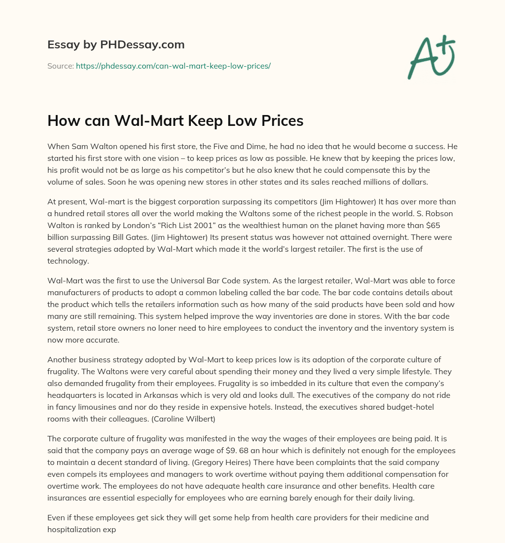 How can Wal-Mart Keep Low Prices essay