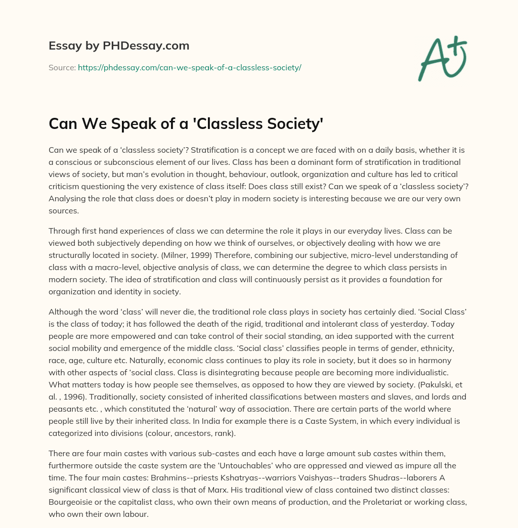 Can We Speak of a ‘Classless Society’ essay