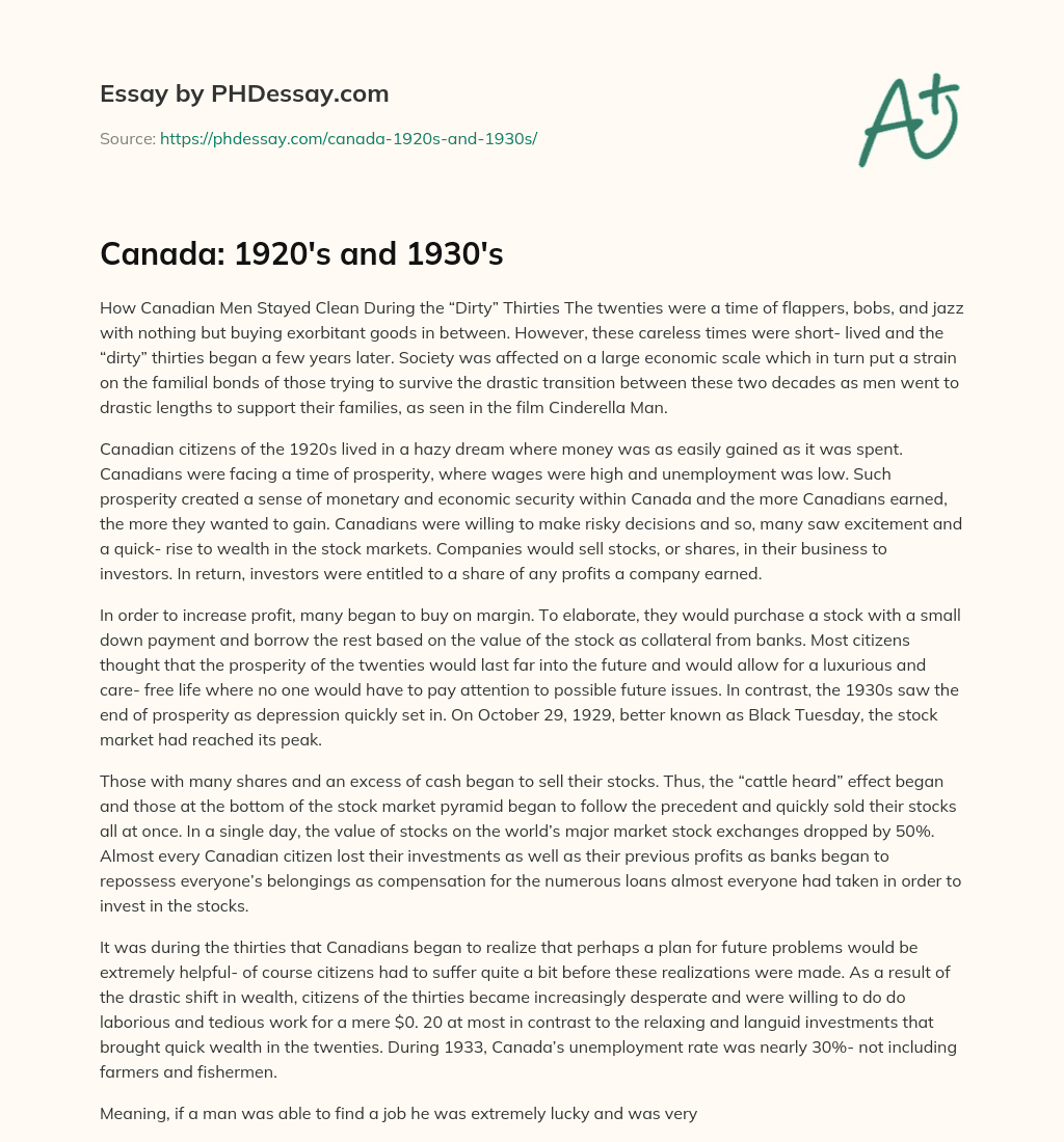 Canada: 1920’s and 1930’s essay