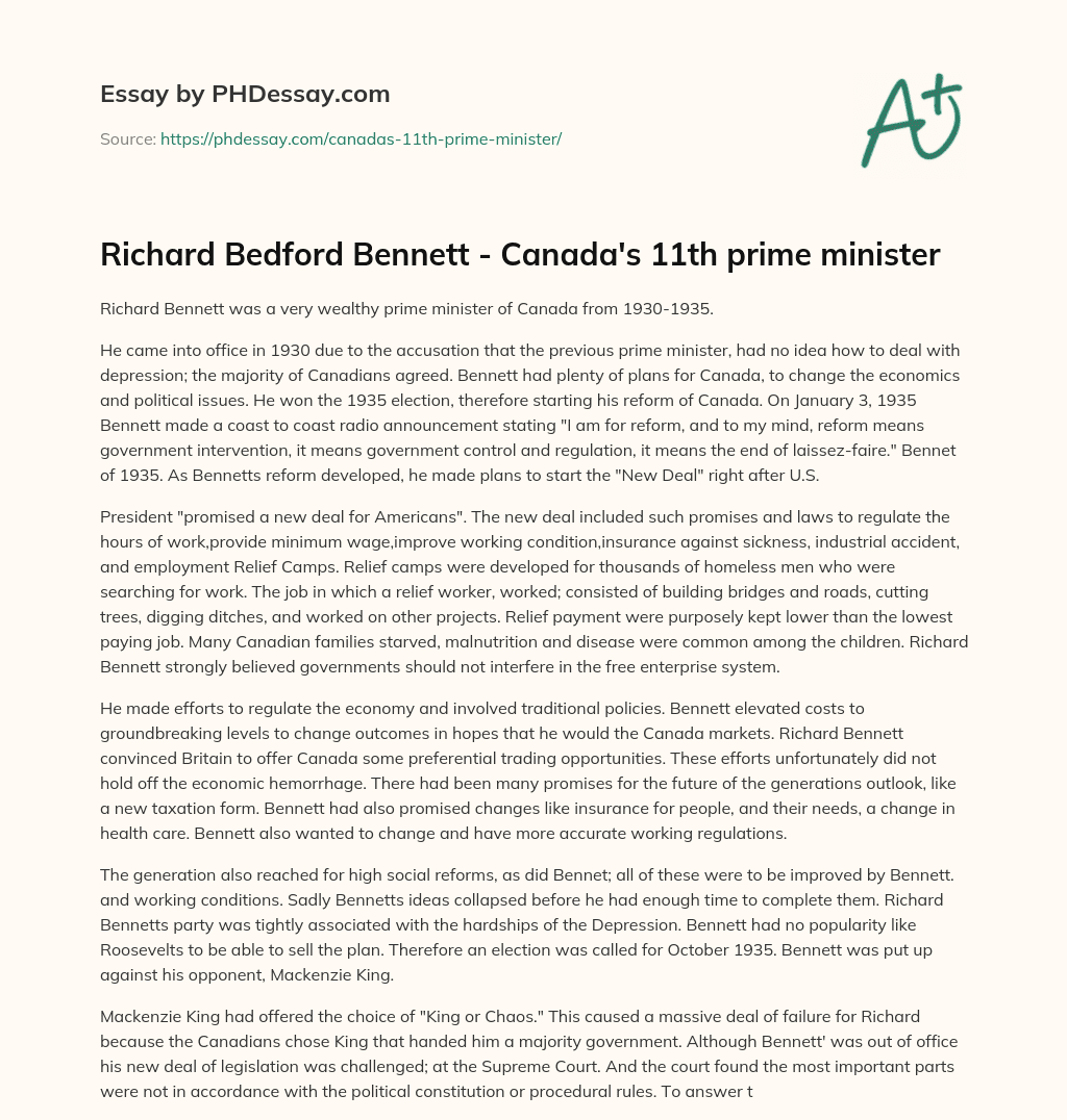 Richard Bedford Bennett – Canada’s 11th prime minister essay