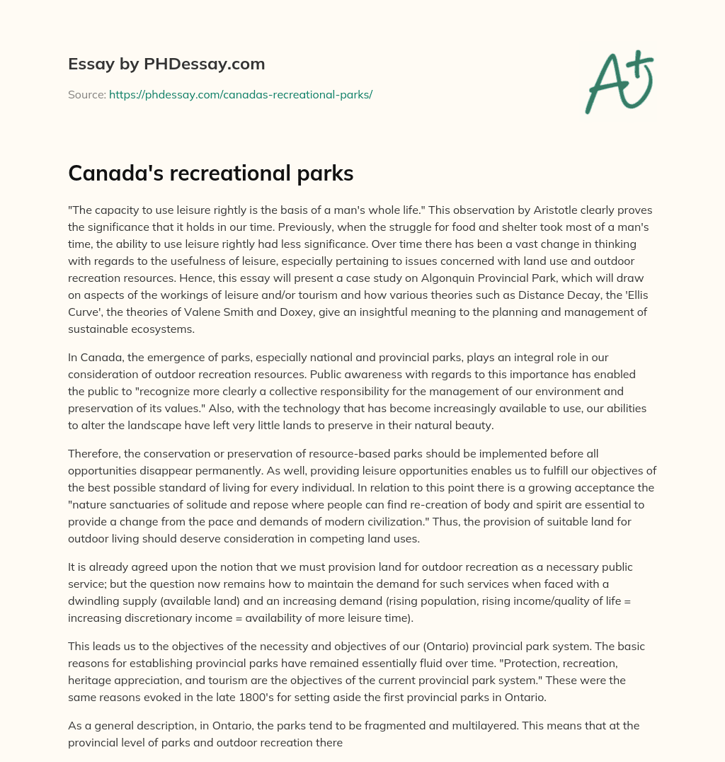 Canada’s recreational parks essay