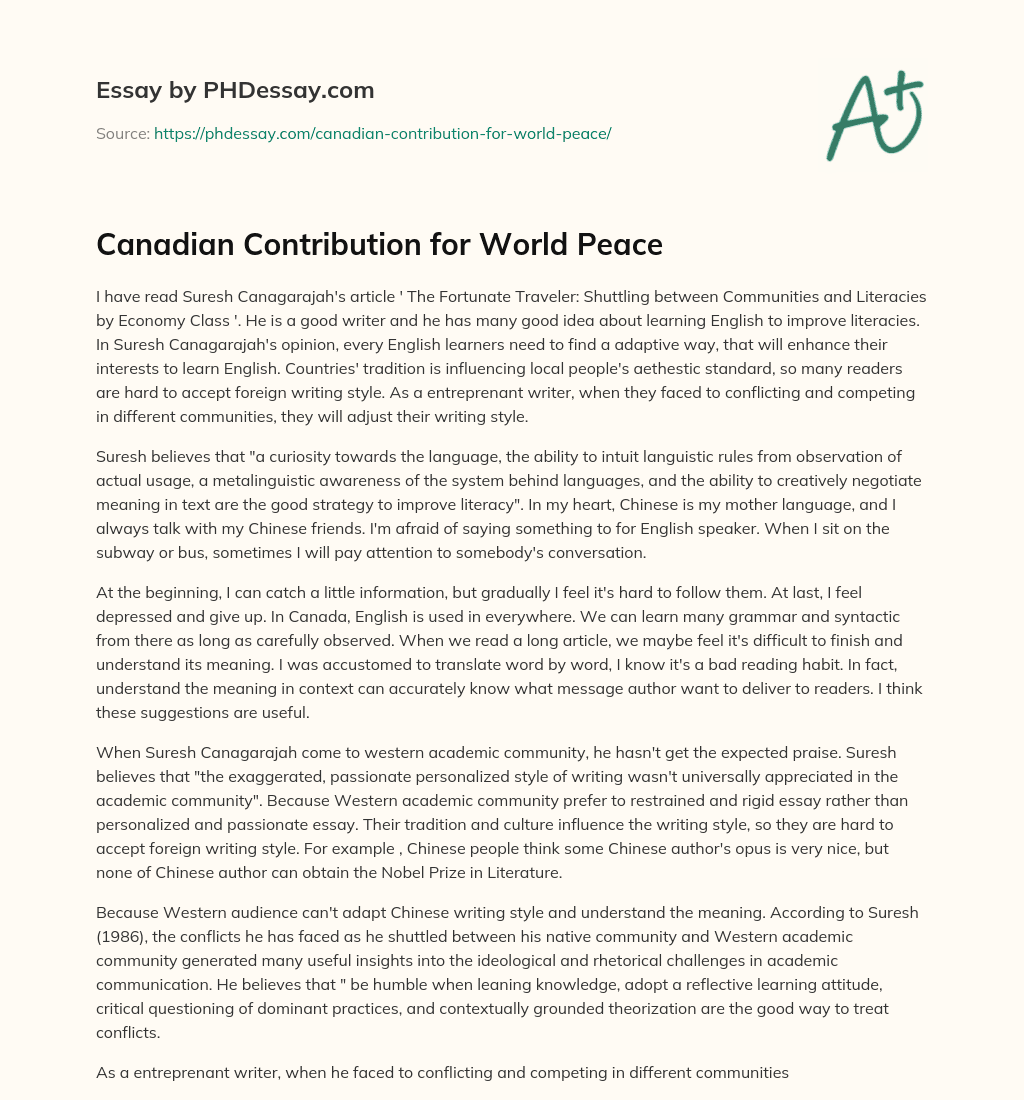 Canadian Contribution for World Peace essay