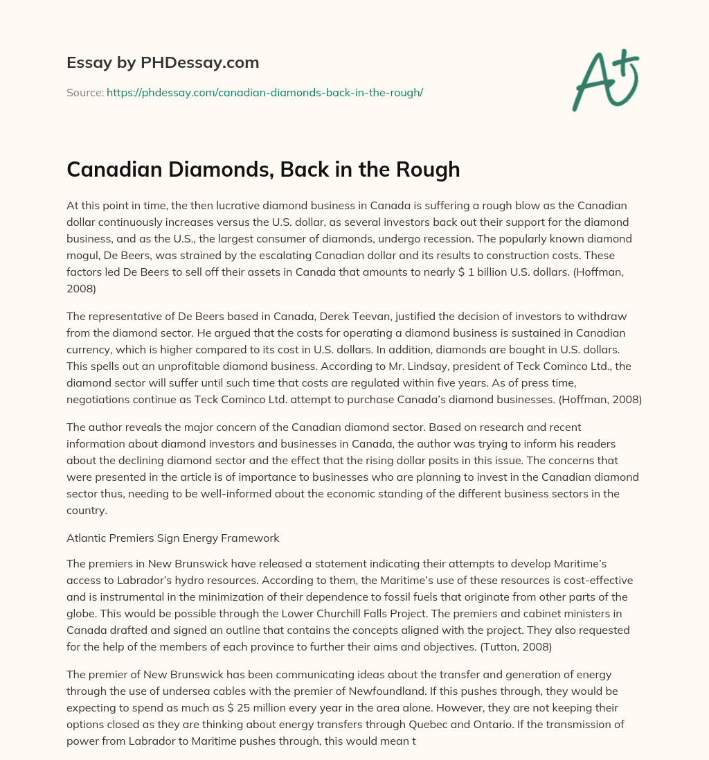 Canadian Diamonds, Back in the Rough essay