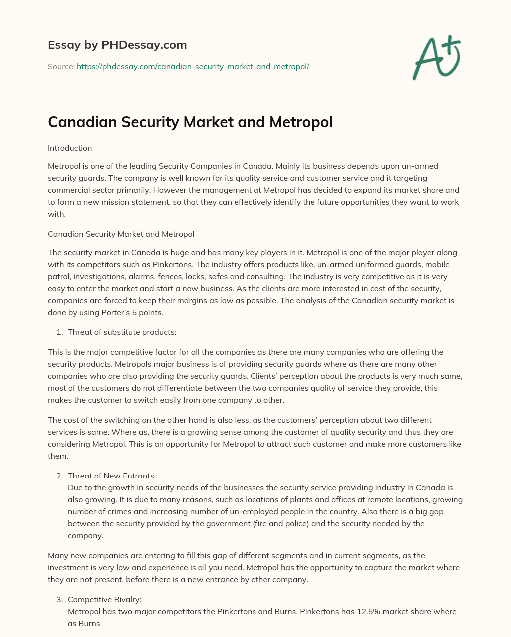 Canadian Security Market and Metropol essay