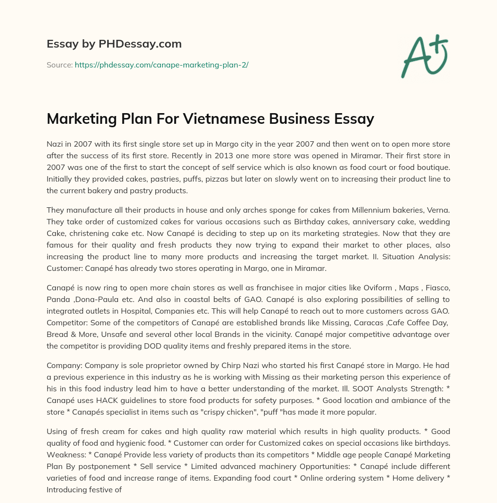 Marketing Plan For Vietnamese Business Essay essay