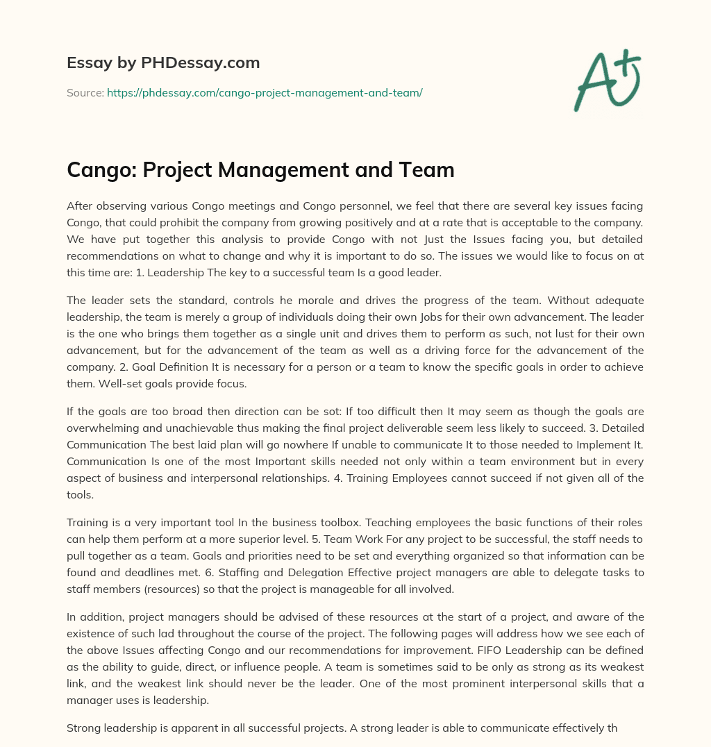 Cango: Project Management and Team essay