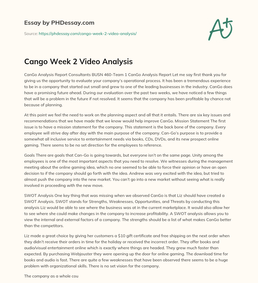 Cango Week 2 Video Analysis essay