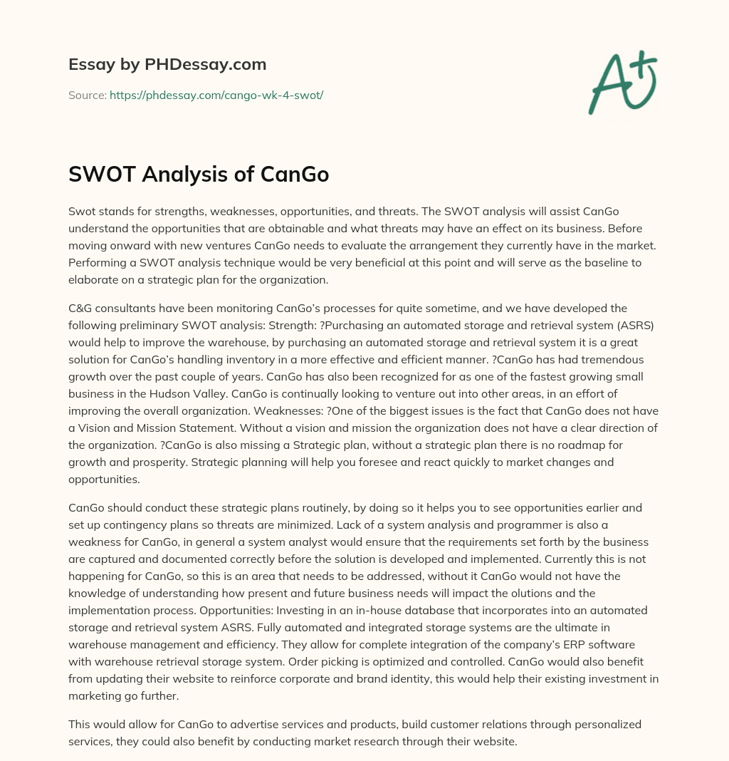 SWOT Analysis of CanGo essay