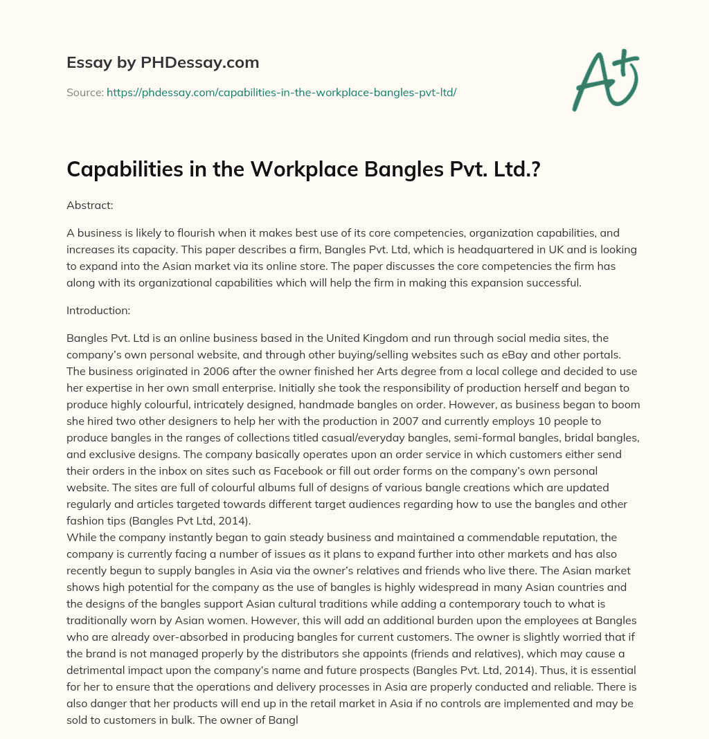 Capabilities in the Workplace Bangles Pvt. Ltd.? essay