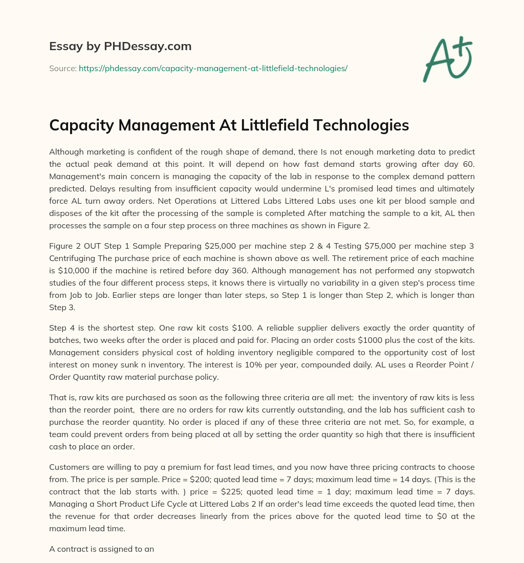 Capacity Management At Littlefield Technologies essay