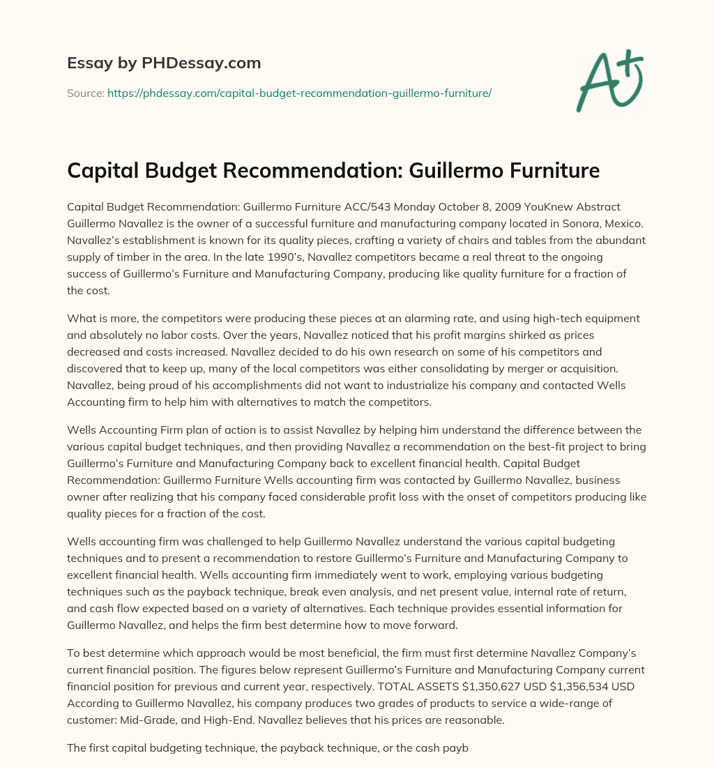 Capital Budget Recommendation: Guillermo Furniture essay