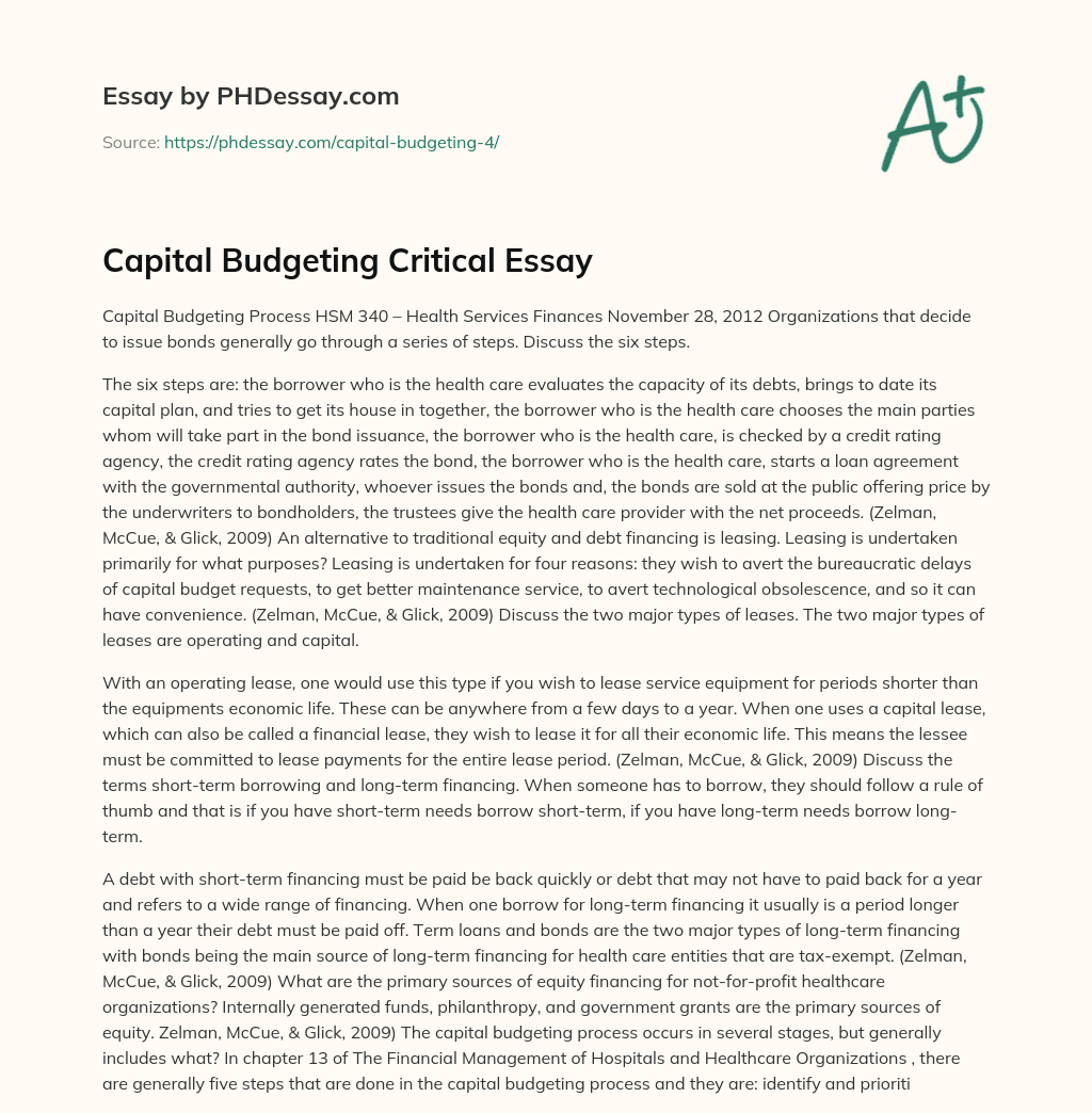 Capital Budgeting Critical Essay essay